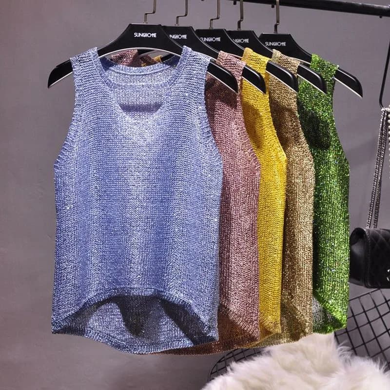 Tops Women 2023  Womens Fashion  Korean Tank Top  Heart Cut Out Top Sexy Hollow Out Bright Piece of Knitting Condole Belt Vest