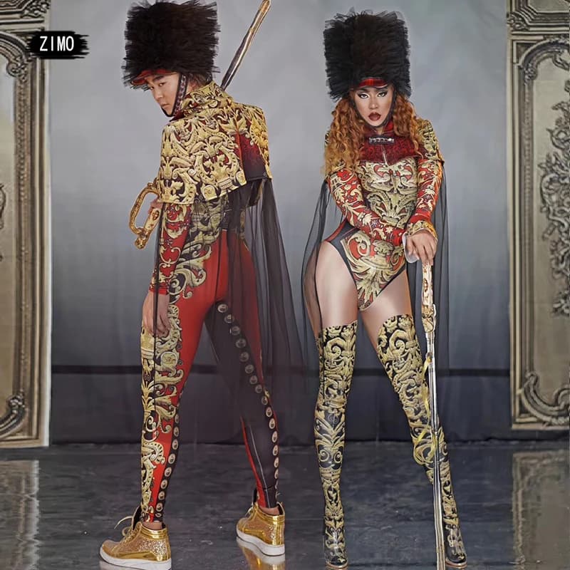 Man Womens Stage Performance Army Uniform Cosplay Costume Vintage Printing Bodysuit Jumpsuit Cape Dance Outfit Role drag queen