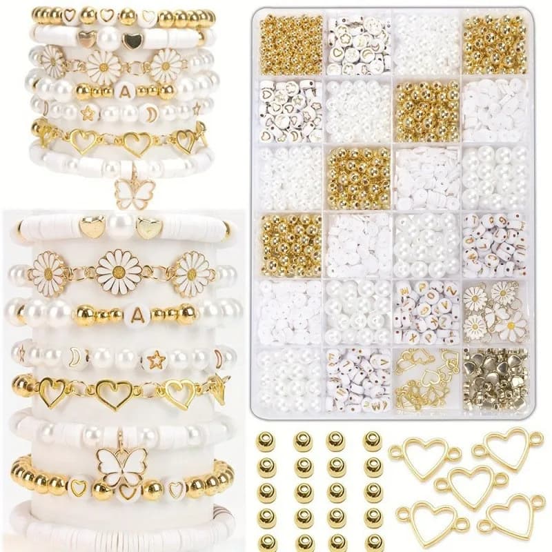 Clay Beads DIY Jewelry Making Kit, Simplistic Style Daisy Charms,  Golden Spacer Beads, White Glossy Plastic Pearls & Alphabet