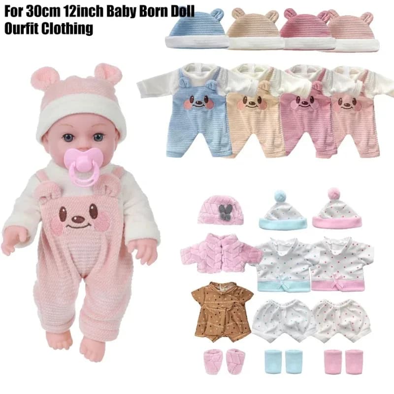 For 12 Inch 30cm Baby Reborn Dolls Outfits Clothes Carry Cot Cartoon Bear Winter Pajamas Jumpsuit Plush Clothing Accessories