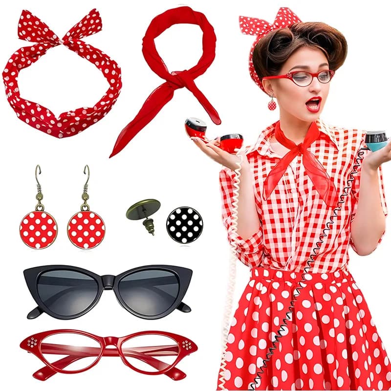 6pcs Set 1950s Costume Accessories Women Vintage Cat Eye Glasses Chiffon Scarf Polka Dot Earrings and Headband