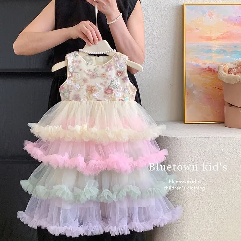 Girls Tank Top Dress 2025 Summer New Girls Elegant Mesh Puff Dress Children Princess Dress Fairy Children Clothing
