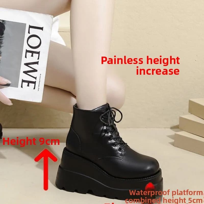 Women's 20cm Short  Boots Padded Heel High Heel Fall Winter Fashion Boots round Toe Rubber Outsole Waterproof PU Leather