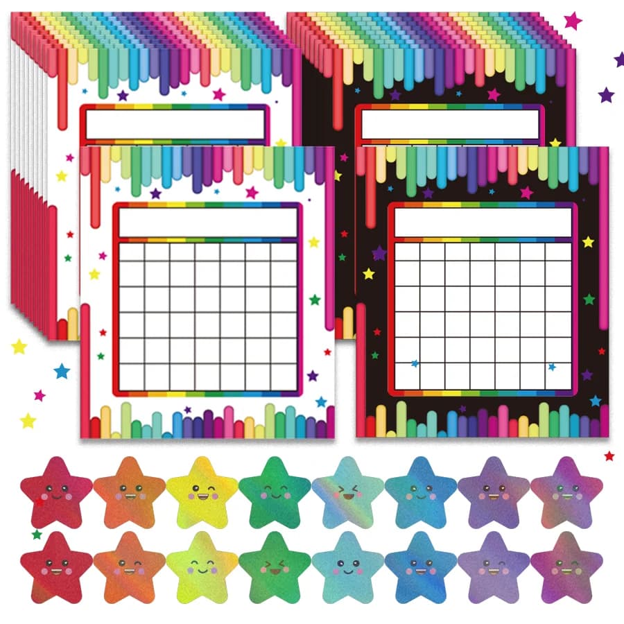 20 Sets of Classroom Reward Charts, 2 Designs, Includes 480 Pcs Holographic Rainbow Star Stickers, Suitable for Classroom