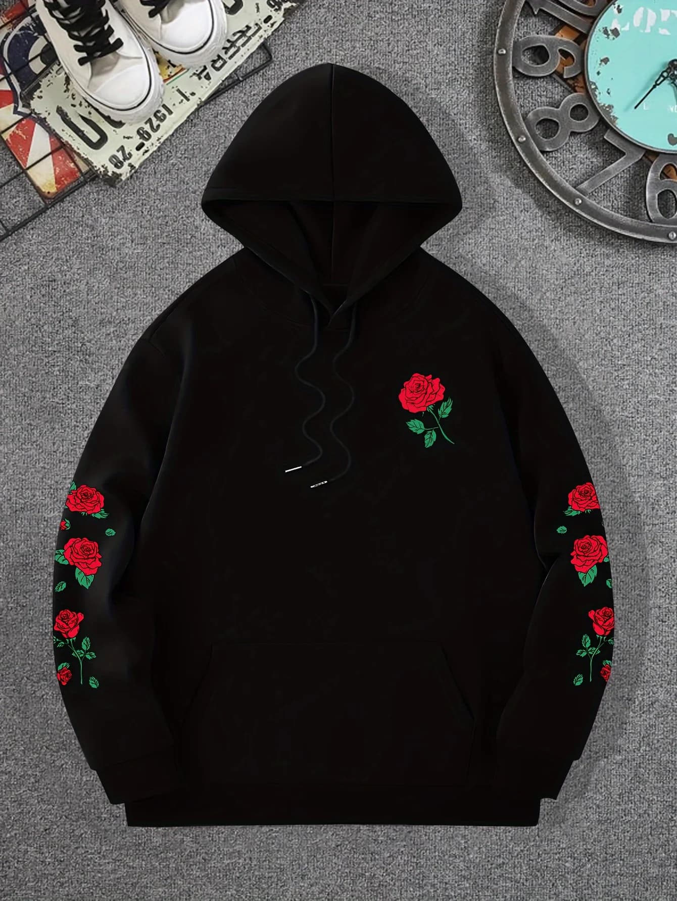 Boys Rose Print Hoodie Casual Floral Sleeve Hooded Sweatshirt Long Sleeve Streetwear Pullover Tops For Kids