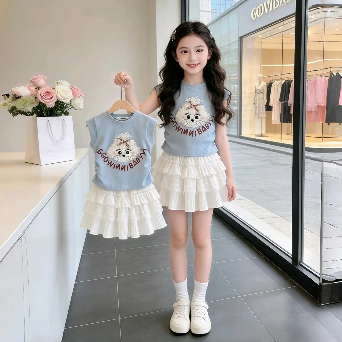 Girls Summer Outfit Short Sleeve T-Shirt And Skirt Set Two Pieces Casual Style Children's Fashion Trendy Clothing for Kids