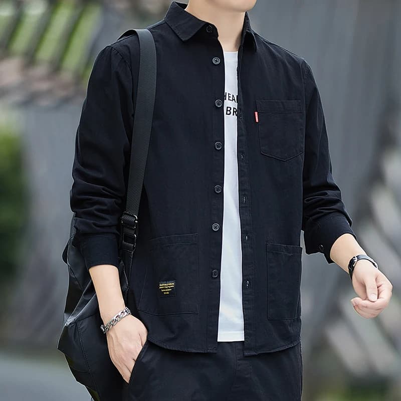 Men's Casual Long Sve Cotton irt Workwear Jaet Spring Autumn Faionable Loose Fit Youth ular Sle Button Detail