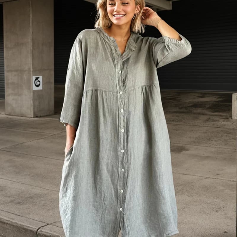 Casual Dress For Women Spring Autumn New Long Sleeve Button O-neck Loose Solid Fashion Elegant Commute Female A-line Dress