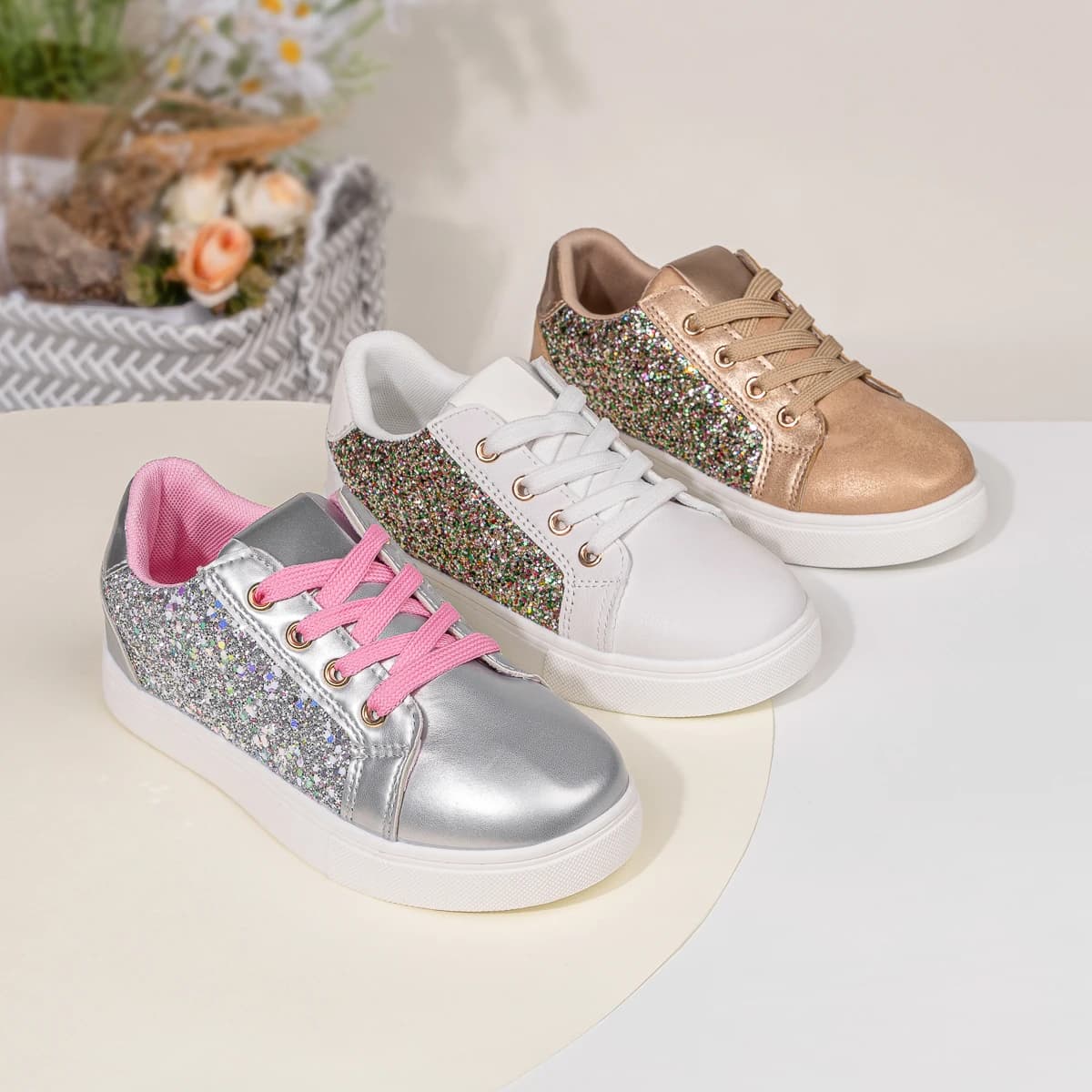 Girls' Casual Glitter Sneakers Multi-Color Sparkly Fashion Shoes Hook & Loop Non-Slip Kids Party Footwear