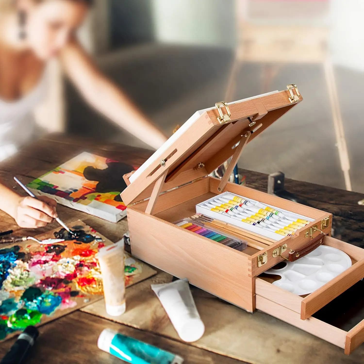 Extra Large 2 Drawer Adjustable Wood Sketchbox Easel with Storage  Letong Portable Artist Desktop Easels for Drawing, Painting,