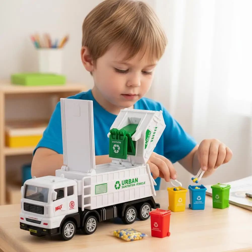 Inertia Garbage Truck Toy For Kids Realistic Recycling Sanitation Vehicle With Trash Cans Role-Play Educational Gift
