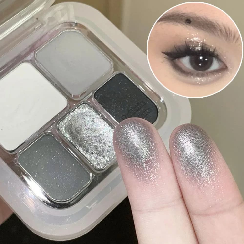 5-Color Punk Smokey Eye Makeup Eyeshadow Palette Silvery White Cement Gray Dark Black Matte & Shimmer Lasting Party Makeup