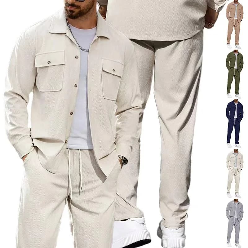 Men's Casual Sportswear Set Simple Button Pocket Collar Jacket Straight Leg Pants Autumn Fashion Polyester Long Sleeve Shirt