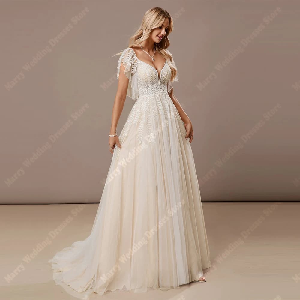 Fascinating Women Wedding Dresses Sexy V-Neck A-Line Tulle Bride Gowns Mopping Length Backless Banquet Robe De Mariée Customized