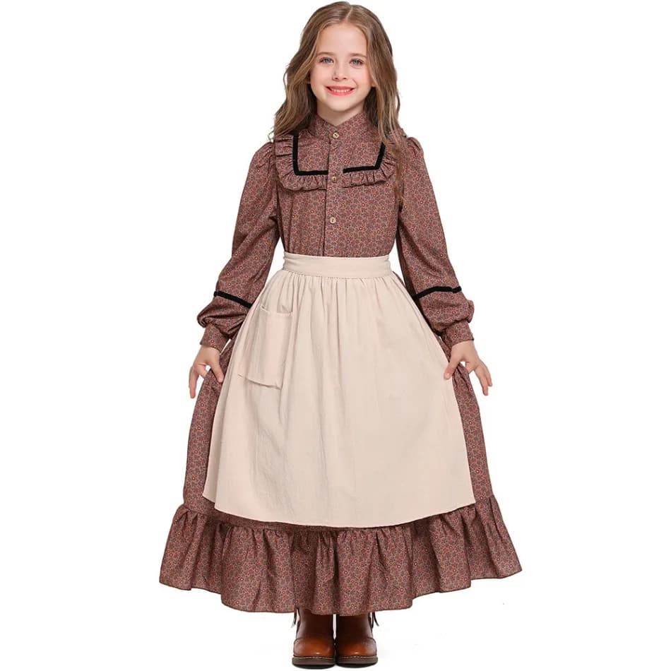 Girls Historical American Colonial Costume Tween Teens Brown Floral Victorian Medieval Dress Maid Long Dress With Apron PS66