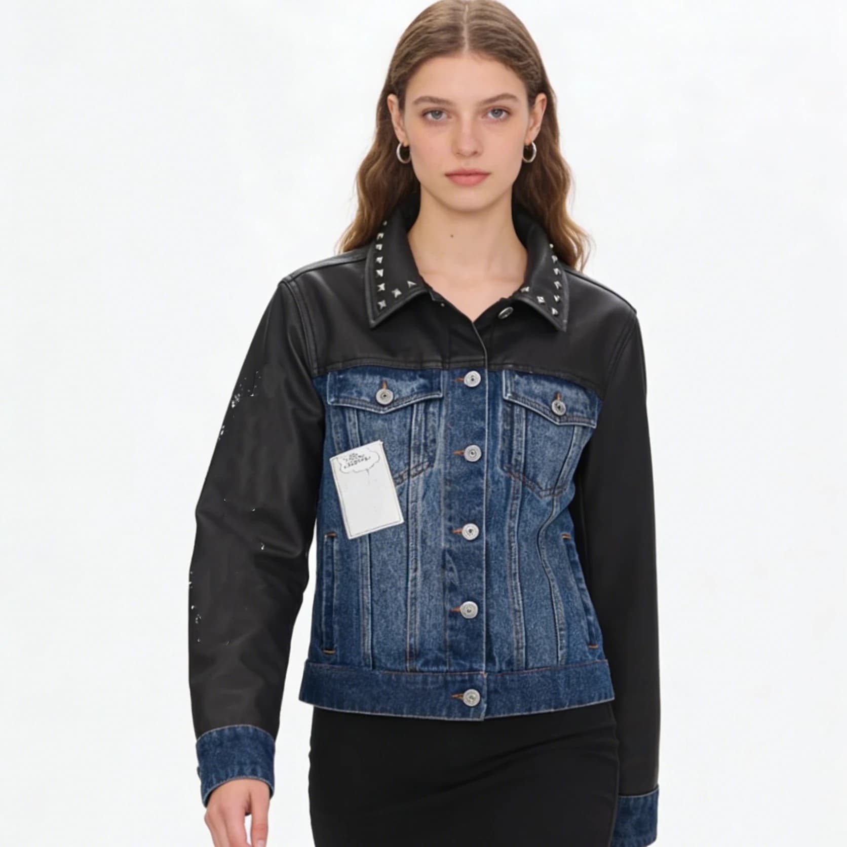 Women's jackets high quality women's clothing Women's denim jacket Coat New Women's Cartoon Printed Splicing PU Jacket