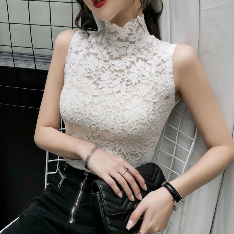 Women T-Shirts Sexy Turtleneck Lace Fitted for Tank Top Slim Fit Tunic Bottoming