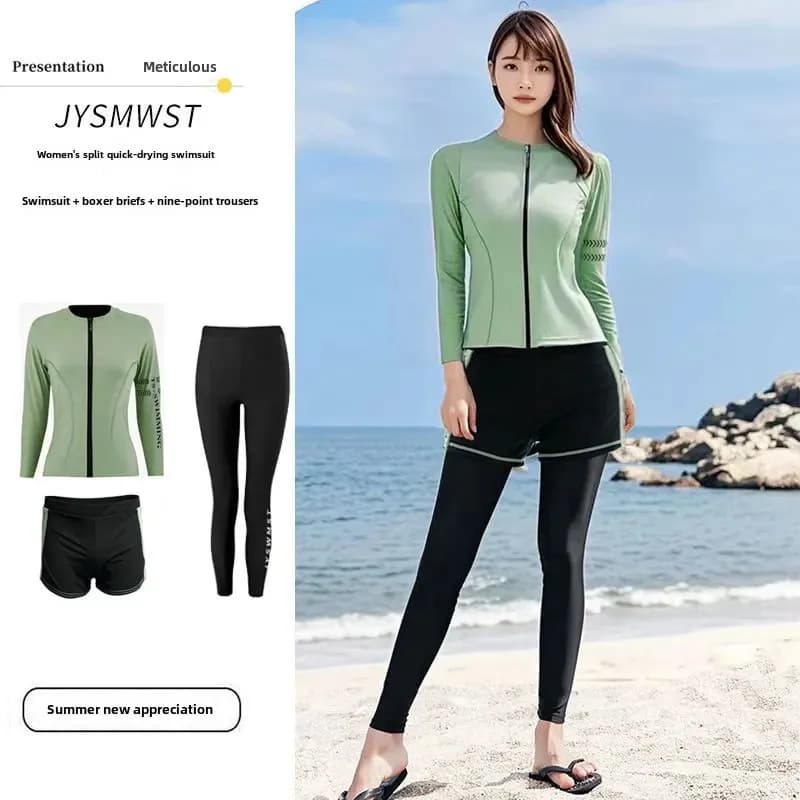 Women's Conservative Two-Piece Swimming Suit Long Sleeve Surfing Diving Thermal Bathing Suit Three-Piece Set Long Pants