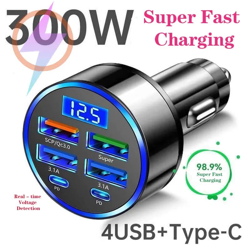 300W 6 Ports Car Charger Fast Charging PD/QC/SCP/FCP/AFC/PSS Car Cigarette Lighter Flash Charge with Digital Display