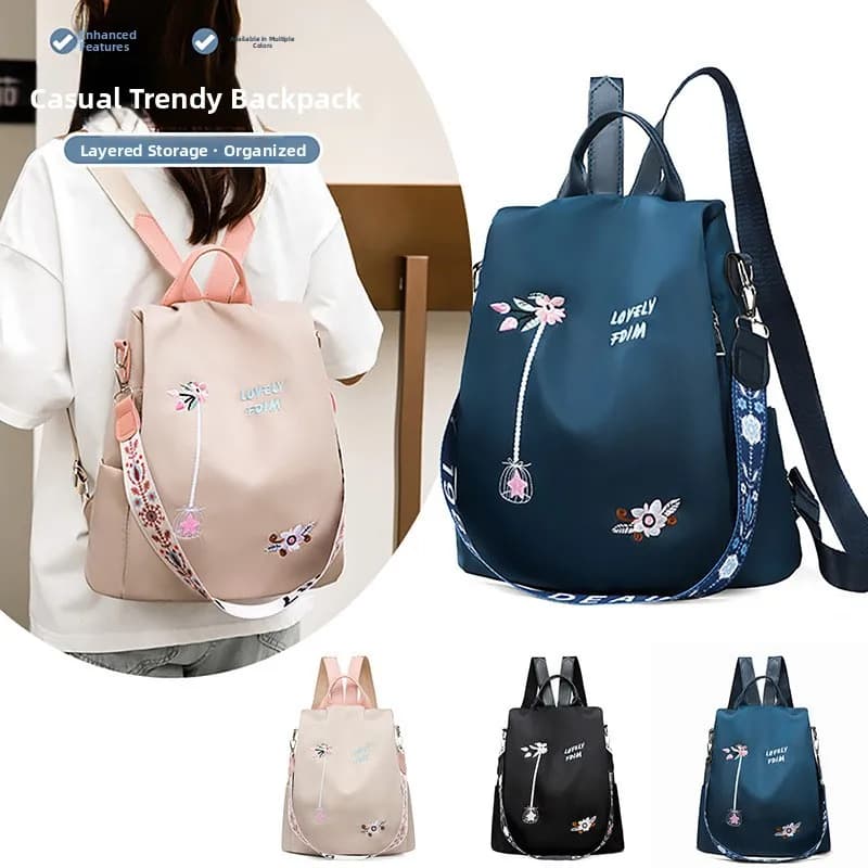 Trendy Embroidered Large Capacity Women's Tote Bag Handheld Single Shoulder Bag Street Style Oxford Cloth Zipper Closure Soft