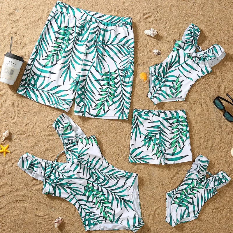 New Family Matching Outfits Leaf Printed Matching Swimsuit Family Look Floral Full Print Multi-color One-piece Matching Swimwear