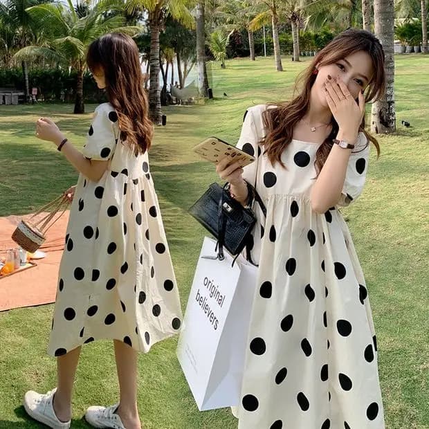 Maternity Summer Dress Fashionable Mid-Length Outfit Women's Clothing Korean Style Loose Waist Short Sleeve Polka Dot Print