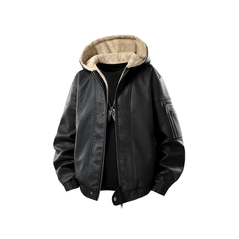 Casual Hooded Leather Jacket Warm Winter Mens Brand Quality PU Faux Leather Locomotive Jacket Thicken Fleece Motorcycle Coat