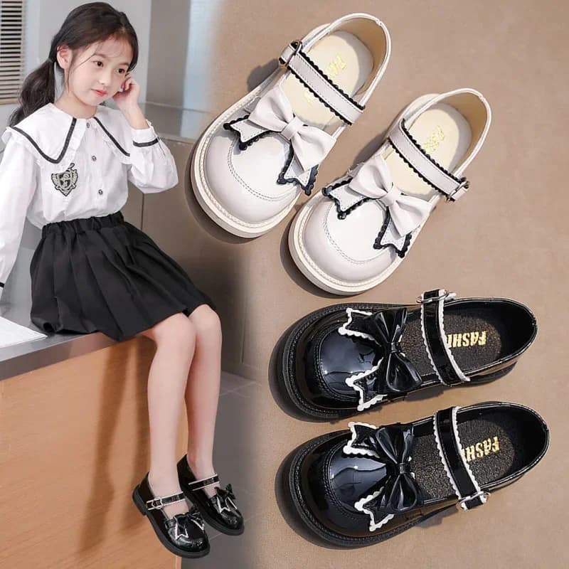 Girls Princess Leather Shoes Spring Autumn Black Children's Flats Fashion Sweet Kids Bowknot Mary Jane Shoes Glossy Thick Bottom