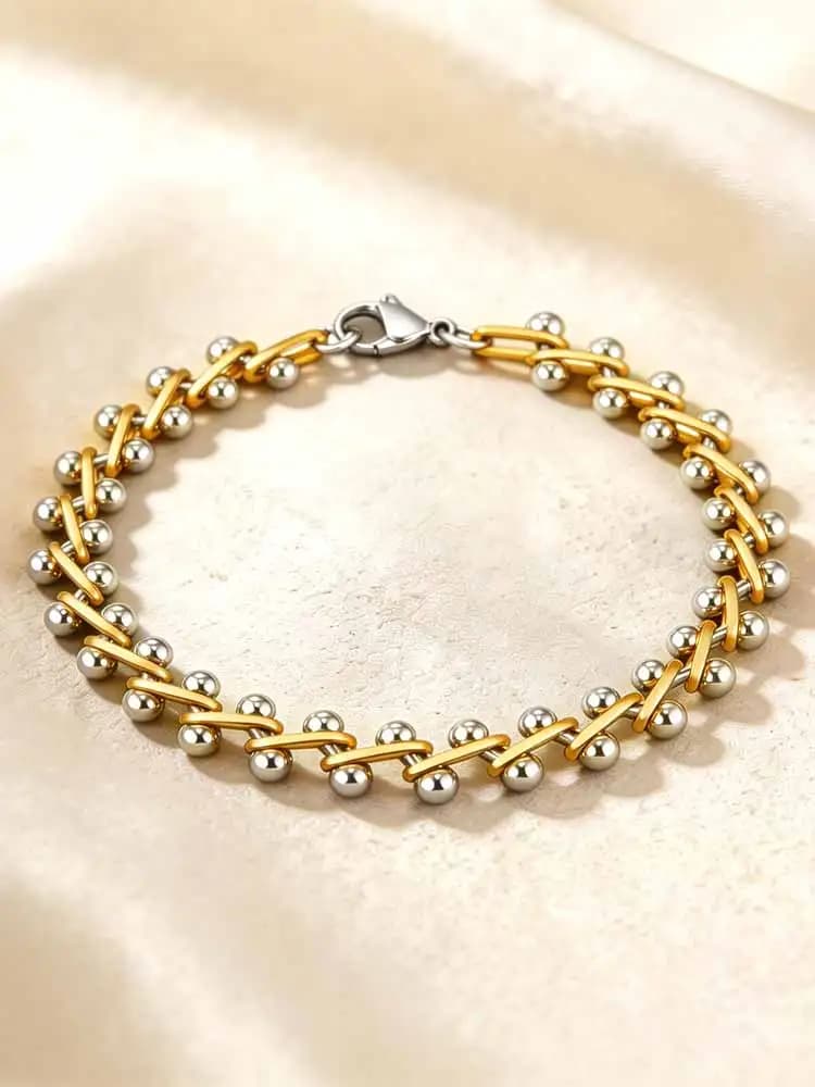 Beaded Bracelet for Women, Gold Silver Two Tone Stackable Minimalist Jewelry, Trendy Layered Bracelet Holiday Party Accessories