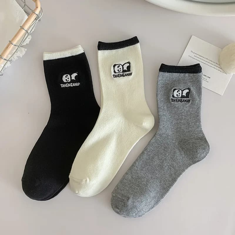 Women's Socks Simple FashionSpring Summer Soft Breathable Mid-tube Kawai Panda Embroidery Combed Cotton Simple Casual Thin Socks