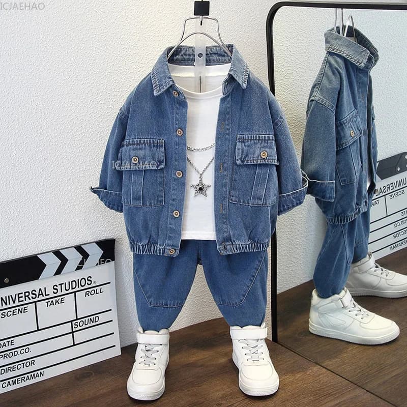 Boys Denim Set 2 Piece Clothes Kids Trendy Cotton Jacket Pants Suits Outfit Casual Wear Children Clothing Spring Autumn Costume