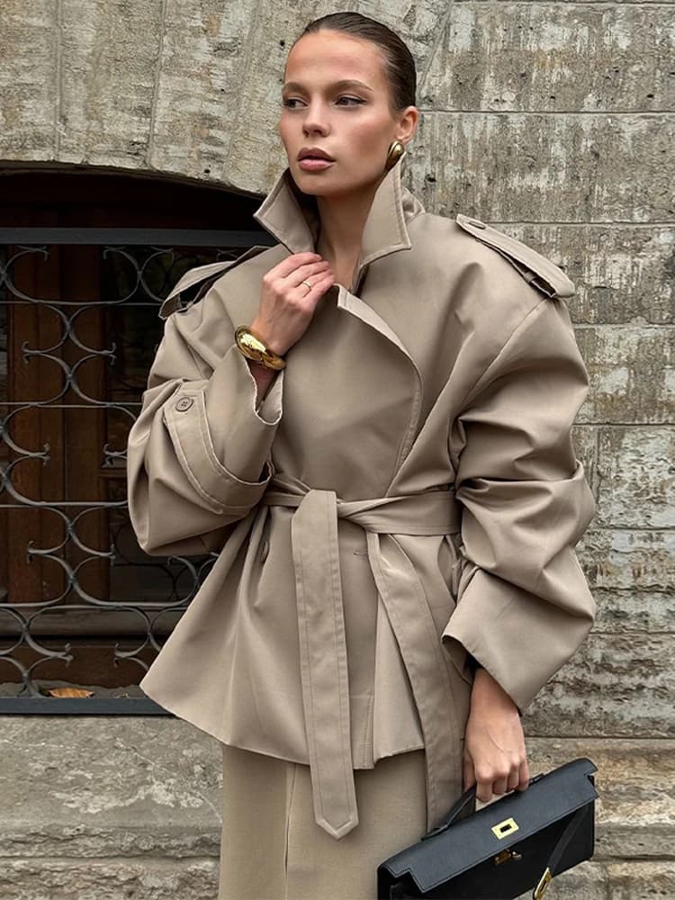 Fashion Lace Up Cropped Trench Coat 2026 Women Lapel Long Sleeves Wide Shoulder Windbreaker Jacket Lady Spring Commuting Outwear