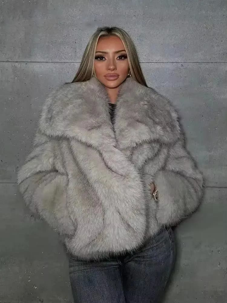 HH Women Fashion Faux Fur Jacket Vintage Turn-Down Collar Long Sleeve Coat Autumn Winter Woman Elegant Streetwear
