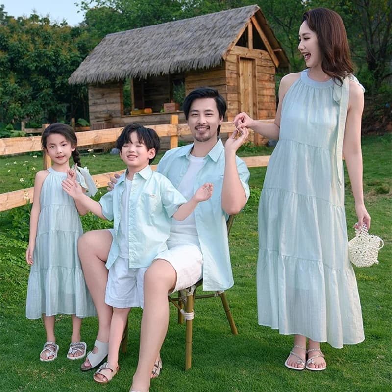 2026 Family Matching Outfits French-Style Family Of Mother Daughter Matching Set Mambo Sleeveless Dress Father And Son T-Shirt