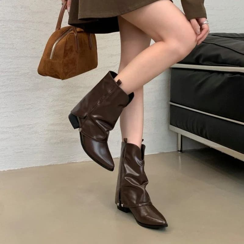 ​​2025 New Women's Western Cowboy Boots - Mid Calf Pointed Toe Chunky Heel Vintage Leather Boots for Women Autumn Winter Boots