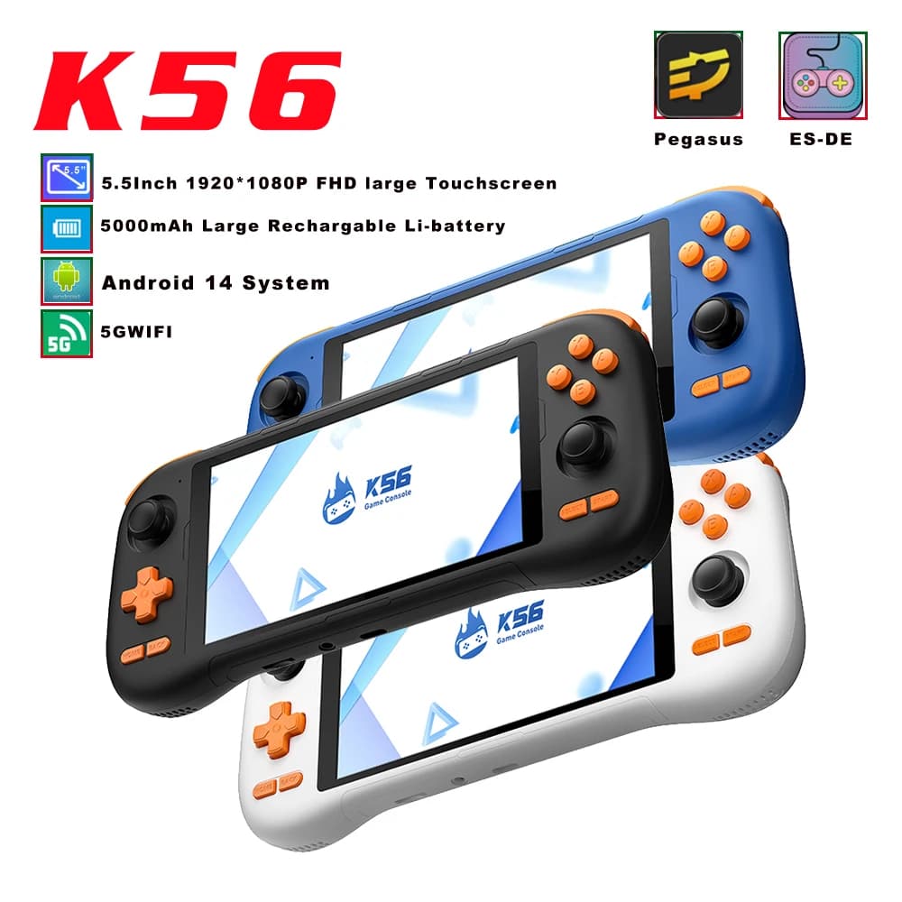 NEW Handheld Game Console K56 5.5'' Touch Screen 50 Emulators for PS1/PSP/DC/SS Android 14 5000mAh WIFI5 Retro Game Player
