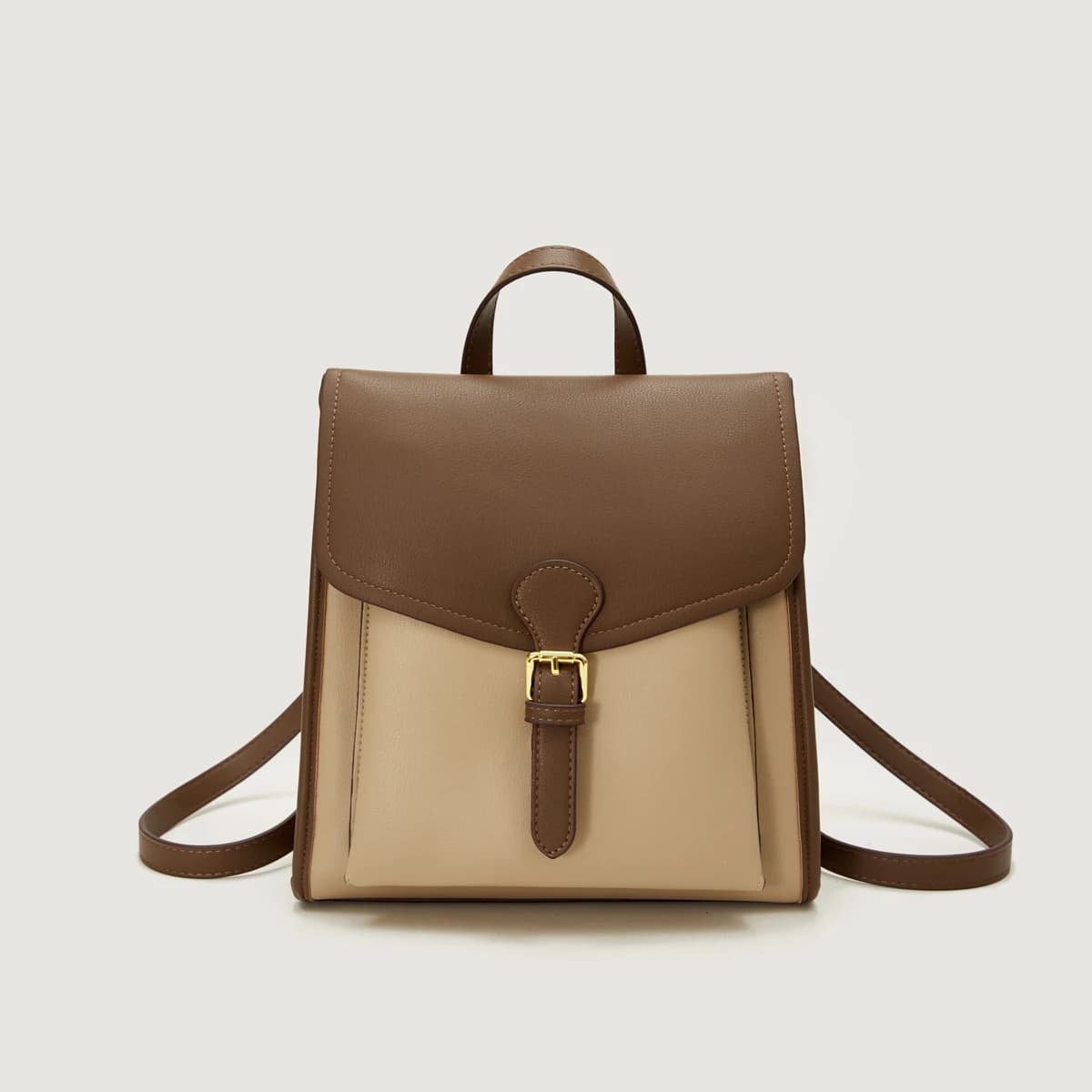 Women's Stylish Two - tone Leather Backpack with Gold tone Buckle Detail Ideal for Daily and Fashionable Looks