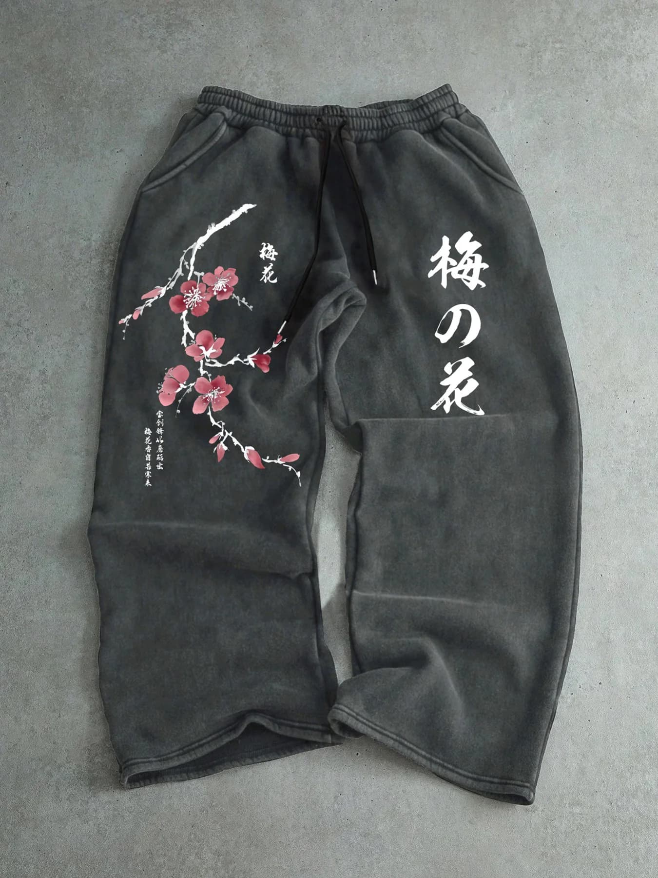 Men's Casual Trousers with Plum Blossom Print + Japanese Text Design Are Trendy for Daily Wear, Sports and Leisure.