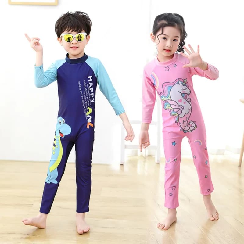 Children's Swimsuit Bathing Suits for Boys and Girls One-piece Swimsuit Cartoon Long Sleeved Beachwear Jumpsuit Surfing Suit