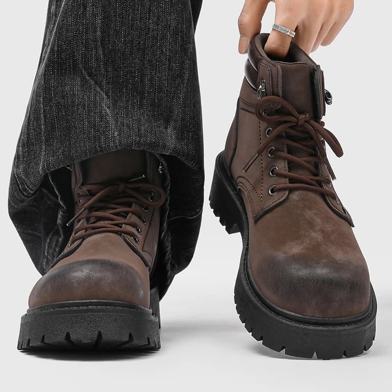Men's  Boots High Top Thick Bottom Heightening Retro Workwear Casual Trendy Shoes British Style round Toe Rubber Outsole