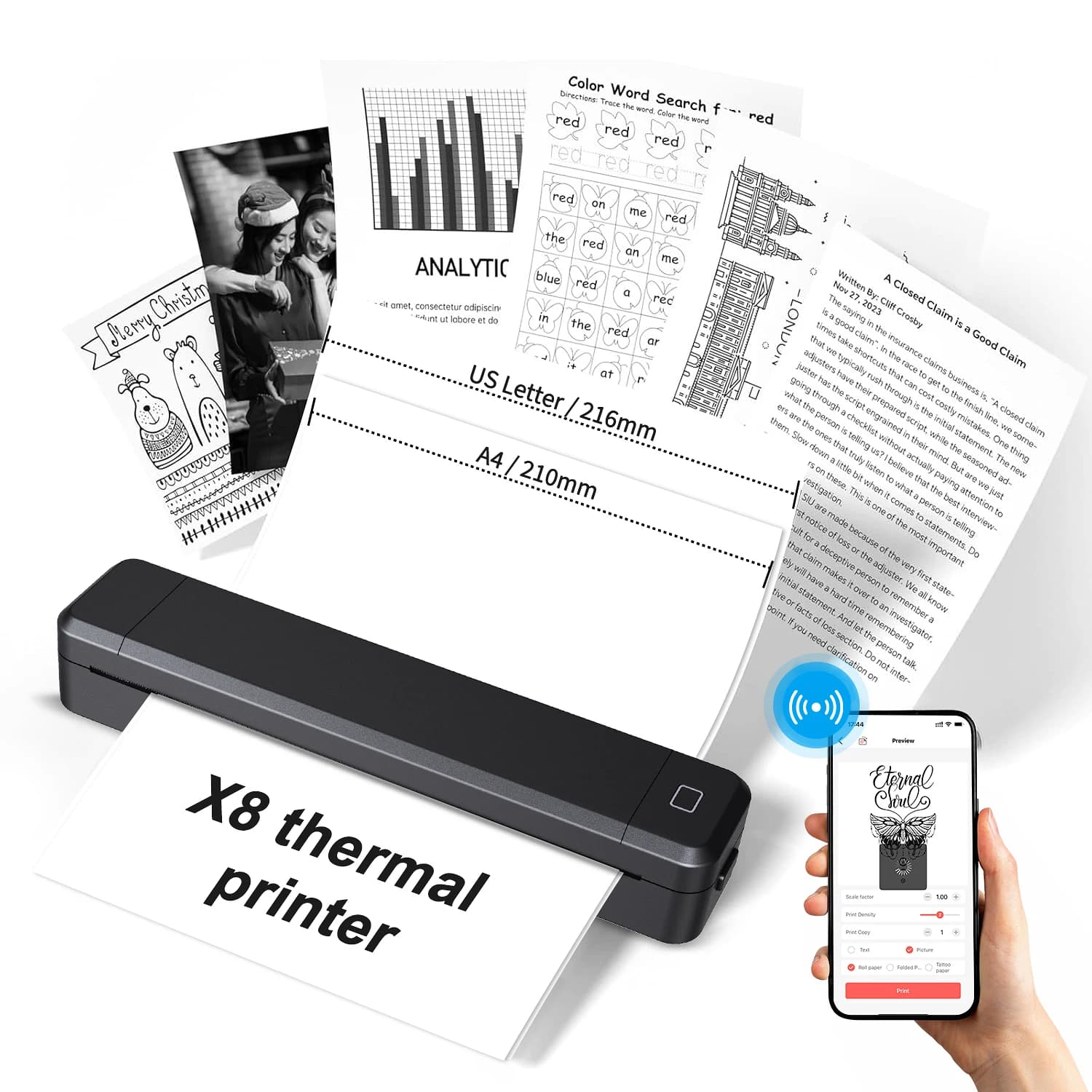 Portable Printer Thermal Printer Bluetooth-compatible A4 Inkless Document Printing Machine Paper Roll for Office Work Home
