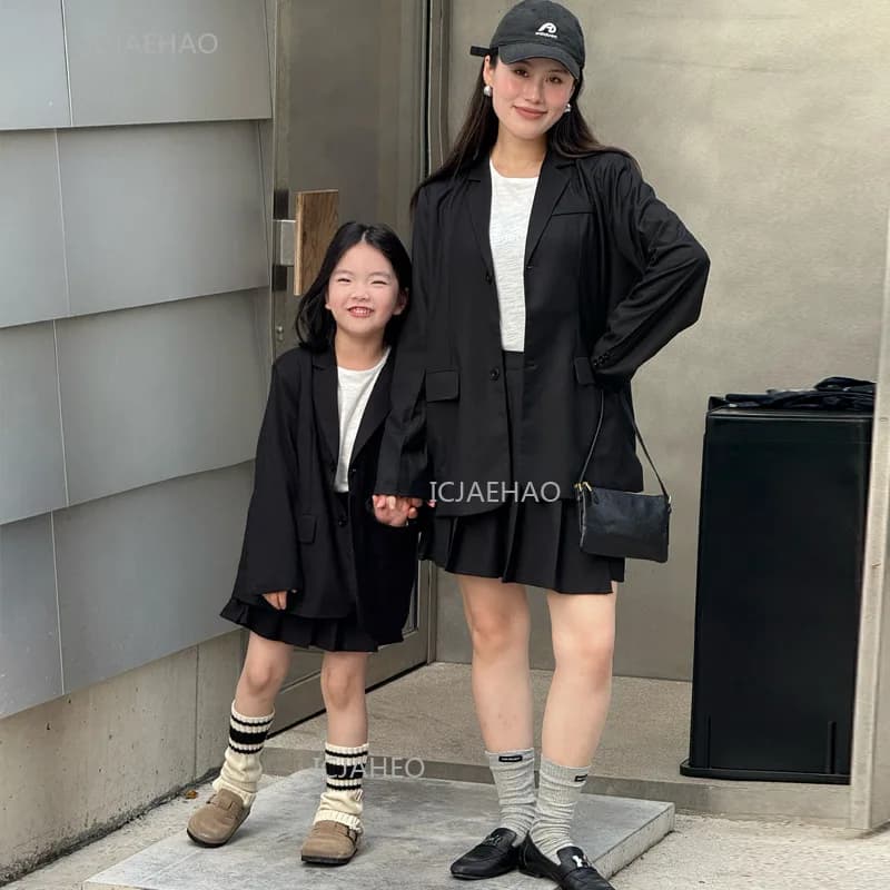 Family Clothing Matching Mother Daughter Blazer Set Korean Style Loose Fit Academic Plaid Skirt Suit Autumn Mom and Girl Outfit