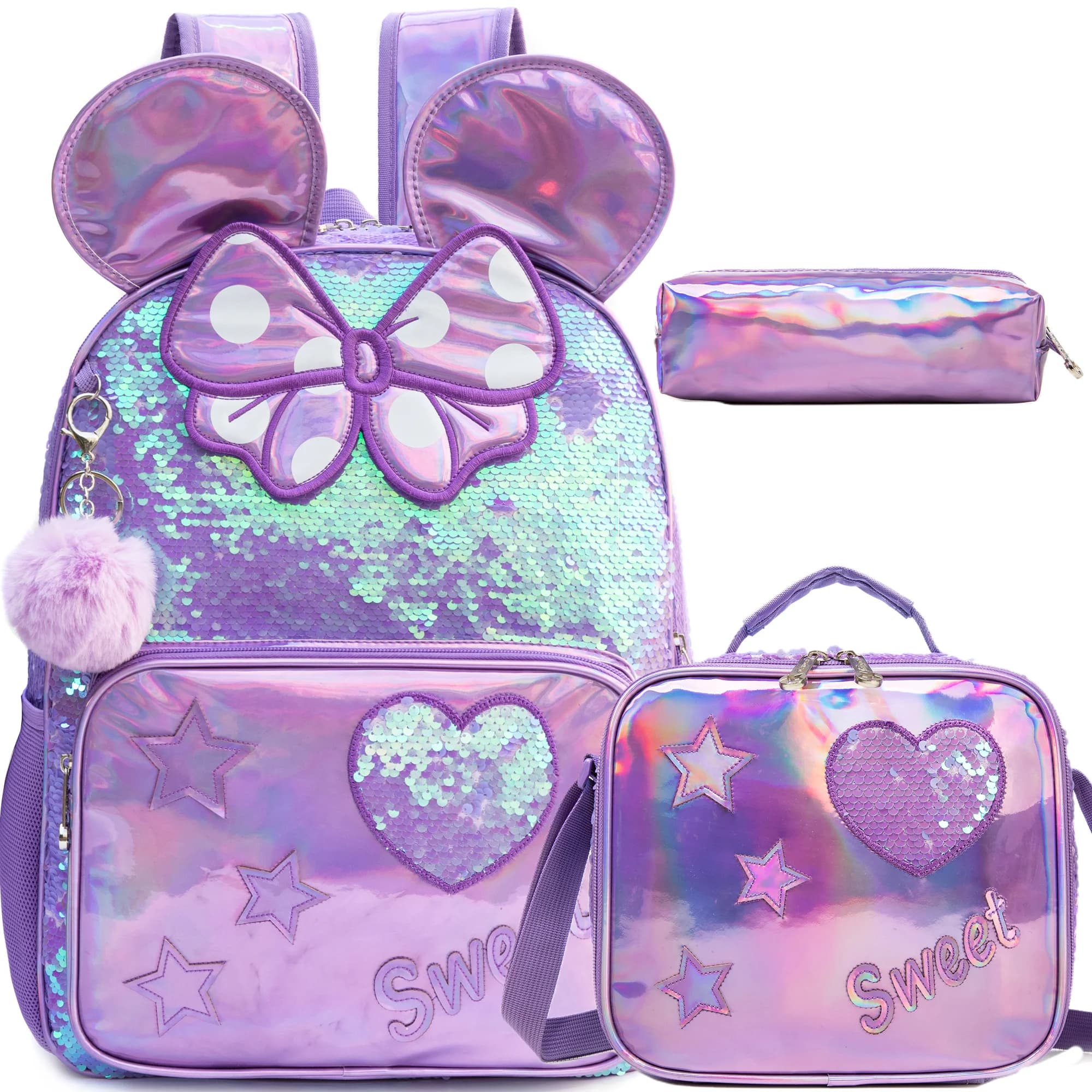Backpack for Girls 16" Backpacks for Girls for School Sequin Backpack with Lunch Box for Elementary Students