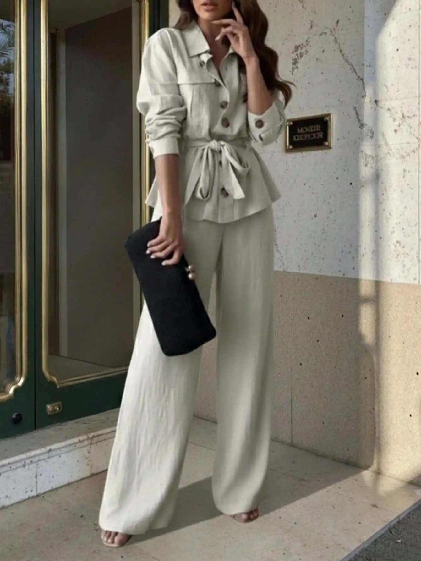 Women's Casual Fashion Retro Long-Sleeved Single-Breasted Elegant Tie-Waist Top and Wide-Leg Pants Work and Party Set
