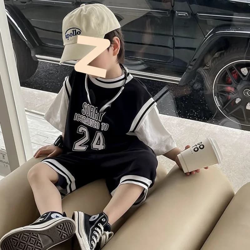Boys Basketball Uniform Set Summer Loose Sporty Two-Piece Suit Casual Cotton Blend Comfortable Breathable Kids Clothing