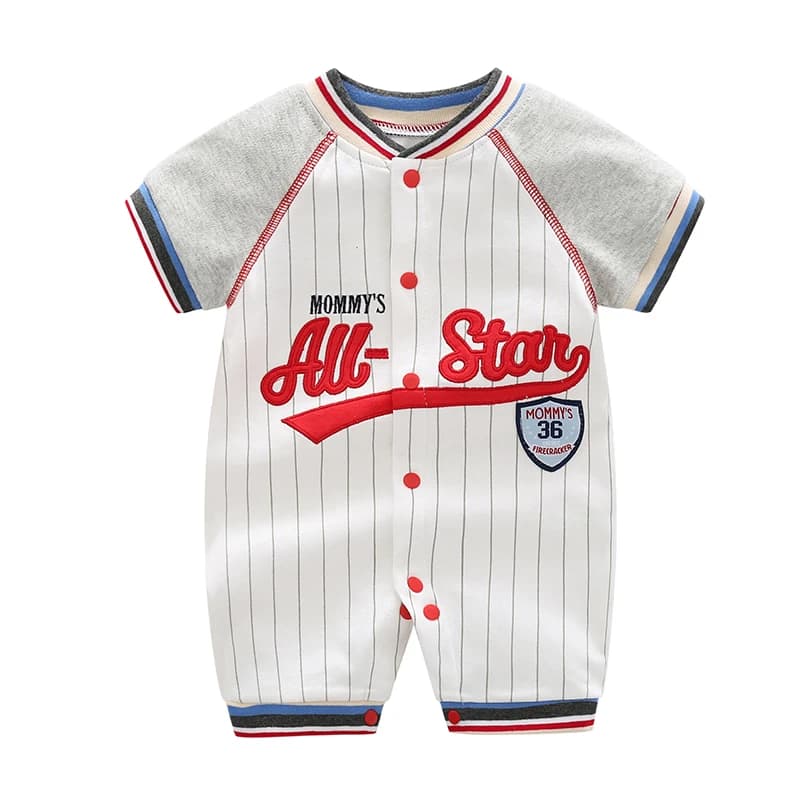 Baby One-Piece Clothing, Pure Cotton, Summer Outfit for 100-Day-Old Babies, Short-Sleeve, Stylish and Trendy Thin Baseball-Style Romper for Boys