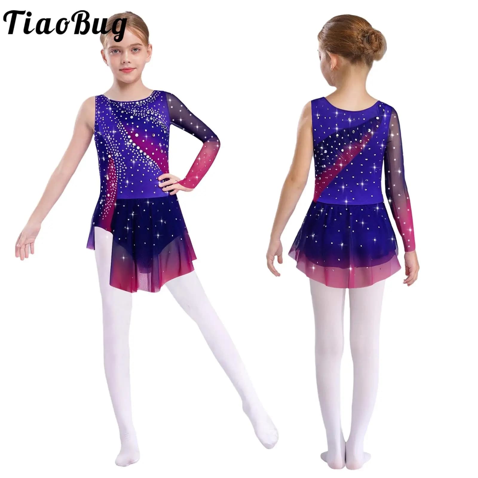 Girls Lyrical Dance Dress Skating Rhythmic Dance Gymnastics Costume Contrast Color Asymmetrical Split Rhinestones Leotard Dress