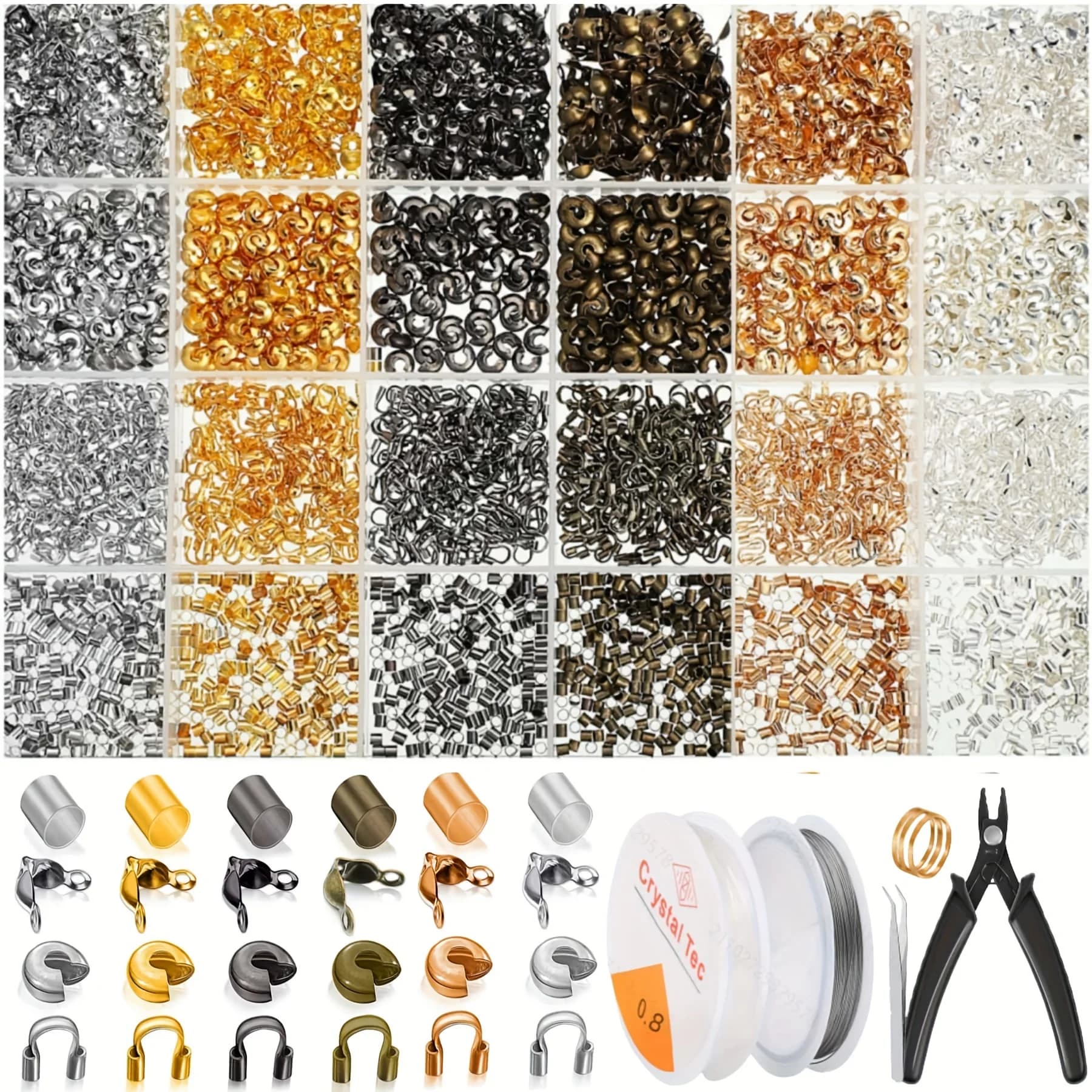 ​​DIY Jewelry Kit - 1800pcs Brass Findings: Crimp Beads, Wire Guardians, Tubes, Bead Tips, Knot Covers (Assorted Colors)​​
