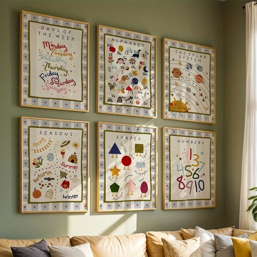 6PCS Sheets/set A Mix of Educational Printed Materials, Bohemian-style Playroom Wall Art, Frameless Letter Posters
