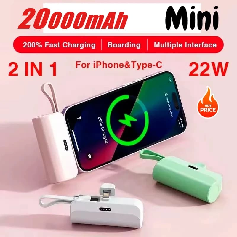 Mini power bank 20000mAh portable mobile phone charger, power bank,backup battery suitable for iPhone 11 12 13 14 Huawei Xiaomi
